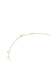 Bracciale in catena d'oro con piccoli accenti di perline rosa e bianche, dotato di chiusura a molla e design minimalista.