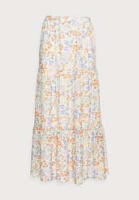 Florale maxi rok van lichte stof. Heeft een elastische tailleband, een gelaagd ontwerp en een mix van oranje, paars en groene bloemenpatronen.