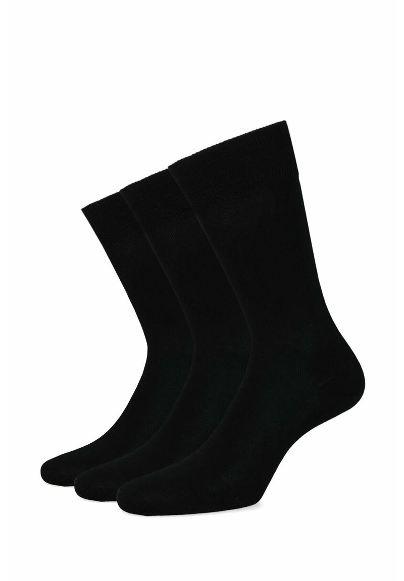 Czarne bawełniane skarpetki, trzy pary, długość do połowy łydki, gładka tekstura, wzmocniony nos, elastyczny pasek na górze dla pewnego dopasowania.