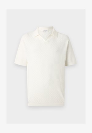 White short-sleeve knit polo shirt with subtle textured pattern and open collar, displayed on a plain light background.