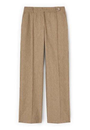 Beige gerade geschnittene Hose mit hoher Taille, Gürtelschlaufen, Bügelfalte vorne und einem einzelnen Knopfdetail am Bund.