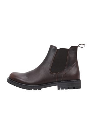 Bota Chelsea de cuero marrón oscuro con paneles laterales elásticos negros, tira de tirar en el talón y suela de goma negra gruesa con surcos profundos.