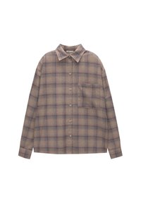 Chemise à carreaux marron en tissu texturé, avec fermeture boutonnée à l'avant, col pointu et une poche poitrine unique.