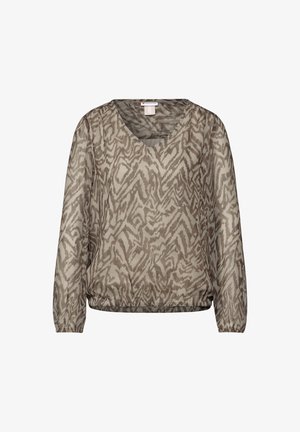 Chemisier transparent à manches longues en beige avec un motif animal subtil, doté d'un décolleté en V et d'une taille élastique pour un ajustement décontracté.