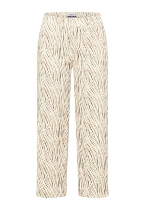 Pantalon droit ample avec un motif zébré ondulé beige et brun clair sur un fond blanc cassé.