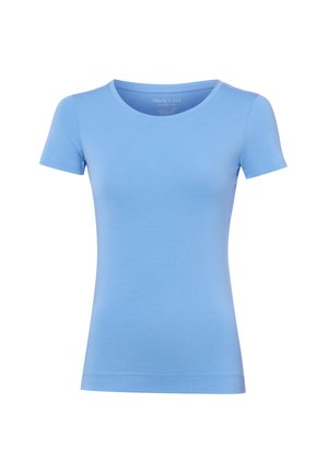 Jasnoniebieska, dopasowana damska koszulka z krótkim rękawem i okrągłym dekoltem, prezentowana na jednolitym białym tle.