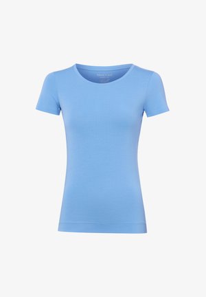 Hellblaues, kurzärmeliges, eng anliegendes Damen-T-Shirt mit Rundhalsausschnitt, dargestellt vor weißem Hintergrund.