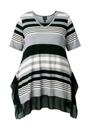 Tunika mit V-Ausschnitt und kurzen Ärmeln, horizontalen schwarzen, weißen und grauen Streifen sowie asymmetrischen transparenten schwarzen Seitenteilen.