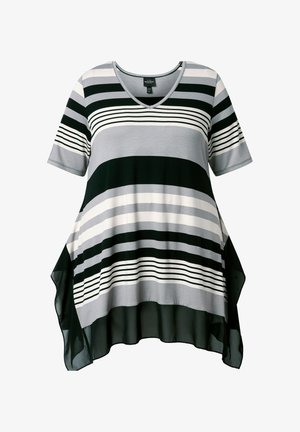Tunika z dekoltem w serek, krótkim rękawem, poziomymi czarnymi, białymi i szarymi paskami oraz asymetrycznymi przezroczystymi czarnymi panelami bocznymi.