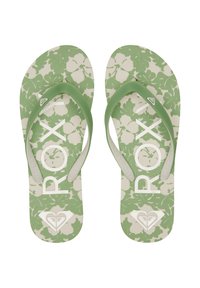 Un par de chanclas verdes y blancas con un patrón floral, con tiras verdes y el texto "ROXY" impreso en las suelas.