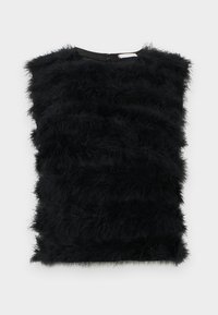 Sort ærmeløs top med vandret, blød, fjeragtig tekstur og rund halsudskæring med knapper bagpå.