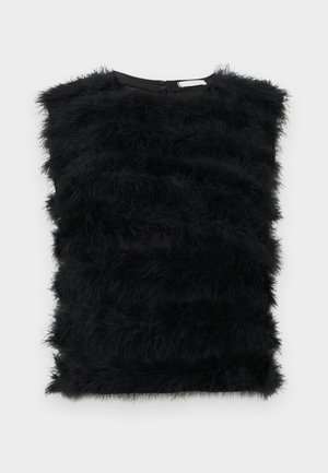 Fekete ujjatlan felső, vízszintes, bolyhos tollszerű textúrával, kerek nyakkivágással és hátul gombokkal.