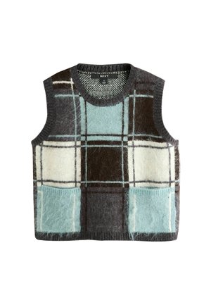 Grijze en teal geblokte wollen mouwloze vest met ronde halslijn, voorzien van grote voorkruiszakken en een zachte, pluizige textuur.