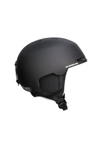 Zwarte matte sk helmet met ventilatiegaten, verstelbare banden en zachte binnenvoering voor comfort; weergegeven vanuit een zijaanzicht.