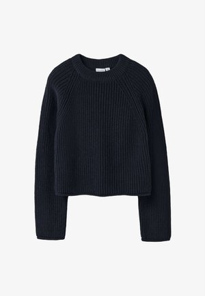 Pull en tricot bleu marine coupé, avec une texture côtelée, un col rond et des manches raglan longues. Pas de logos ni d'accents visibles.