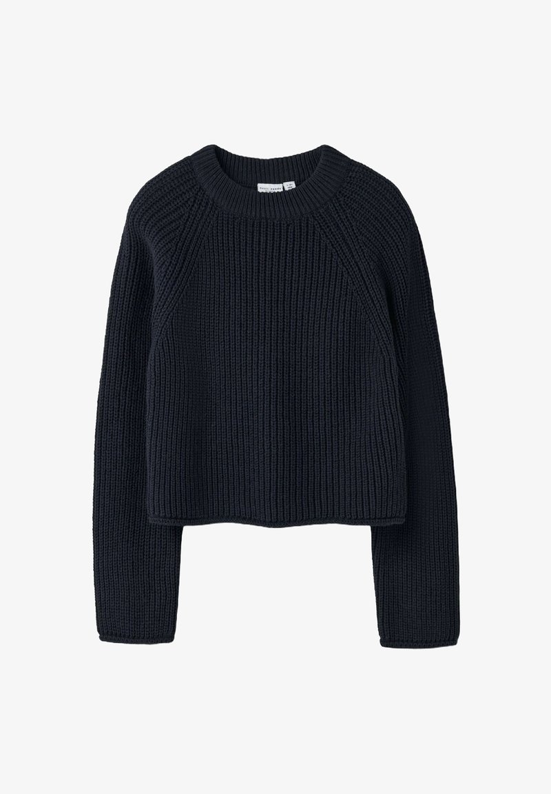 Jūras spēku krāsas saīsināts adīts džemperis ar ribotu faktūru, apaļa kakla izgriezums un garām raglanu piedurknēm. Nav redzamu logo vai akcentu.