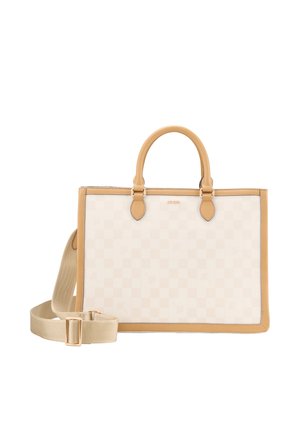 Beżowa torebka z wzorem w kratę, skórzanym wykończeniem, podwójnymi uchwytami oraz regulowanym paskiem. Posiada złote akcesoria i subtelną markę.