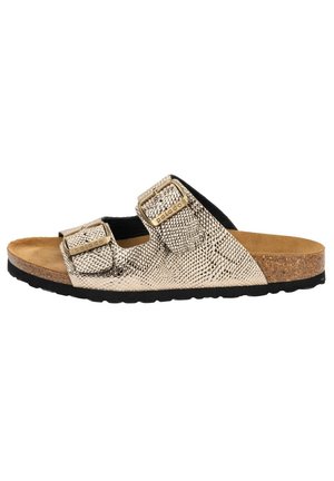 Guld tekstureret sandal med to remme og åben tå, med justerbare guldspænder, naturlig korkfodseng og sort gummisål vist fra siden.