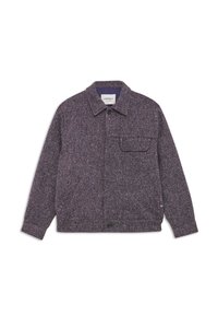 Mænds knap-op jakke med blandede mørk lilla hør- og spraglet tweed mønstre, forsyninger og brystlommer samt krave.