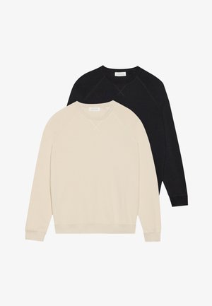 Dois sweatshirts leves: um creme e um preto. Ambos têm mangas raglan, decotes em crew e detalhes de costura discretos.