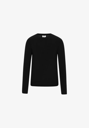 Czarny sweter z długim rękawem i okrągłym dekoltem, wykonany z gładkiego materiału. Minimalistyczny design, jednolity kolor, bez wzorów czy ozdób.