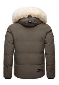 Brown padded jacket featuring a faux fur hood, zippered side pockets, ribbed cuffs, and brand logo on the lower left back.