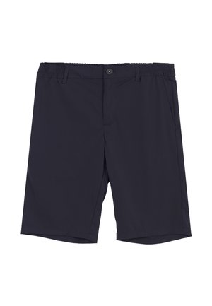 Pantaloncini neri da uomo fino al ginocchio con vita elasticizzata, chiusura con bottoni, passanti per cintura e tasche laterali, mostrati su sfondo bianco.