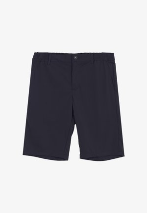 Pantaloncini neri da uomo fino al ginocchio con vita elasticizzata, chiusura con bottoni, passanti per cintura e tasche laterali, mostrati su sfondo bianco.