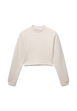 Felpa cropped in beige chiaro, realizzata in materiale morbido. Presenta maniche lunghe, un collo alto e polsini a coste. Senza modelli visibili.