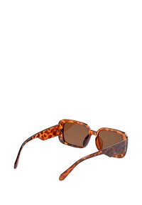 Okulary przeciwsłoneczne z acetatu w tortoise shell, kwadratowe soczewki w kolorze brązowym i smukłe ramiona, z ciemnymi krawędziami i fakturowanym wykończeniem.