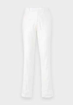 Hvide linnedbukser med lige ben, der har flad front, bæltestropper og en diskret glans i stoffet.