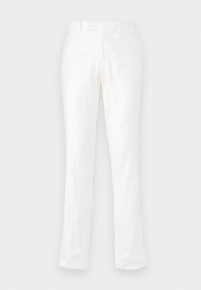Hvide linnedbukser med lige ben, der har flad front, bæltestropper og en diskret glans i stoffet.