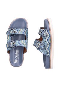 Sandales à glissière bleues à motifs avec deux boucles réglables, tige en textile texturé et semelle synthétique lisse. Marque Rieker Antistress visible.
