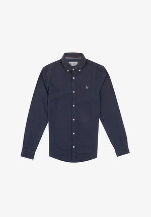 Marineblaue Langarmhemd mit Button-down-Kragen, weißen Knöpfen und einem kleinen Pinguin-Logo auf der Brust. Aus weichem Baumwollstoff.