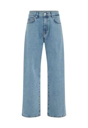 Jean large bleu clair en denim, doté d'une taille haute, de cinq poches, et de détails de couture classiques sur les bords.