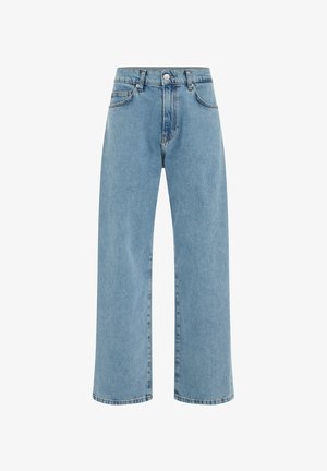 Jean large bleu clair en denim, doté d'une taille haute, de cinq poches, et de détails de couture classiques sur les bords.