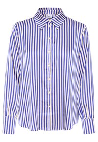 Randig skjorta i blått och krämfärgat. Tillverkad av ett slätt tyg med krage, långa ärmar och en avslappnad passform, med en knappslå framtill.