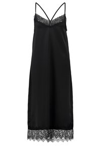 Musta satiiniyömekko, jossa on säädettävät spagettiolkaimet, pitsireunus kaula-aukossa ja helmassa, sekä tyylikäs, sileä pinta.