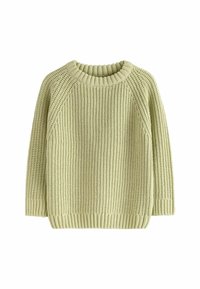 Jasnozielony sweter dzianinowy z teksturowanym wzorem, z ribbowanym okrągłym dekoltem i ribbowanymi mankietami. Posiada długie rękawy raglanowe oraz luźny krój.