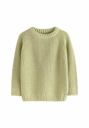 Jasnozielony sweter dzianinowy z teksturowanym wzorem, z ribbowanym okrągłym dekoltem i ribbowanymi mankietami. Posiada długie rękawy raglanowe oraz luźny krój.