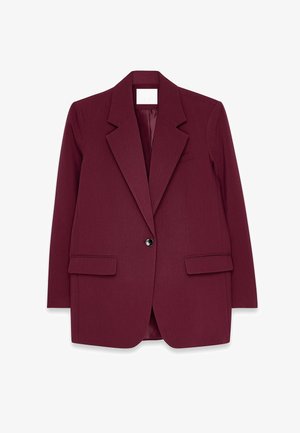 Burgundy skräddarsydd kavaj med slagkrage, två framfickor, knäppning och slät inredning. Texturerad tygfinish.