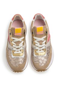 Beige sneakers with pink and gold accents, featuring a spotted texture, suede material, white laces, and a padded collar and tongue.