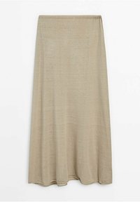 Langer beiger Rock aus strukturiertem Stoff, mit einem elastischen Taillenbund und einem leicht ausgestellten Saum. Schlichtes, minimalistisches Design, ohne sichtbare Muster.