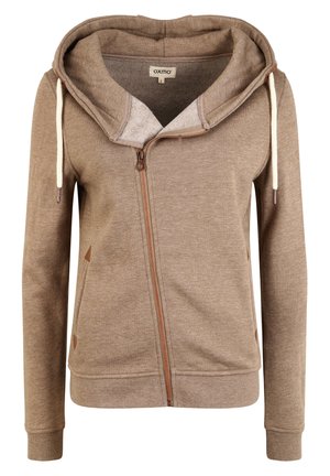 Felpa con zip color marrone chiaro, dotata di cappuccio foderato, lacci e zip a contrasto, caratterizzata da una texture liscia e da sottili accenti laterali.