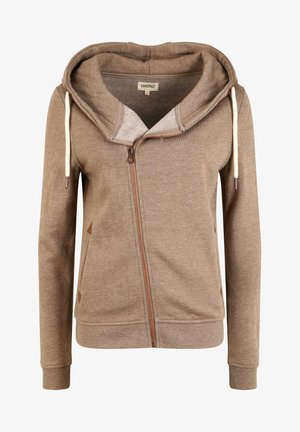 Világosbarna cipzáras kapucnis pulcsi, bélelt kapucnival, zsinórral és kontrasztos cipzárral, sima textúrával és diszkrét oldalsó díszítéssel.