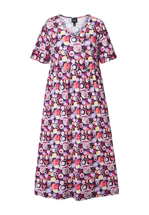 Korte mouw, V-hals jurk gemaakt van zachte stof, met een paars, roze en gele cirkelpatroon en een elastische taille voor een ontspannen pasvorm.