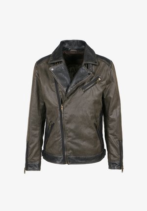 Leren motorjack in donker olijfgroen met zwarte accenten. Voorzien van een gekarteld kraag, asymmetrische ritsen en vier zakken. Soepele textuur.