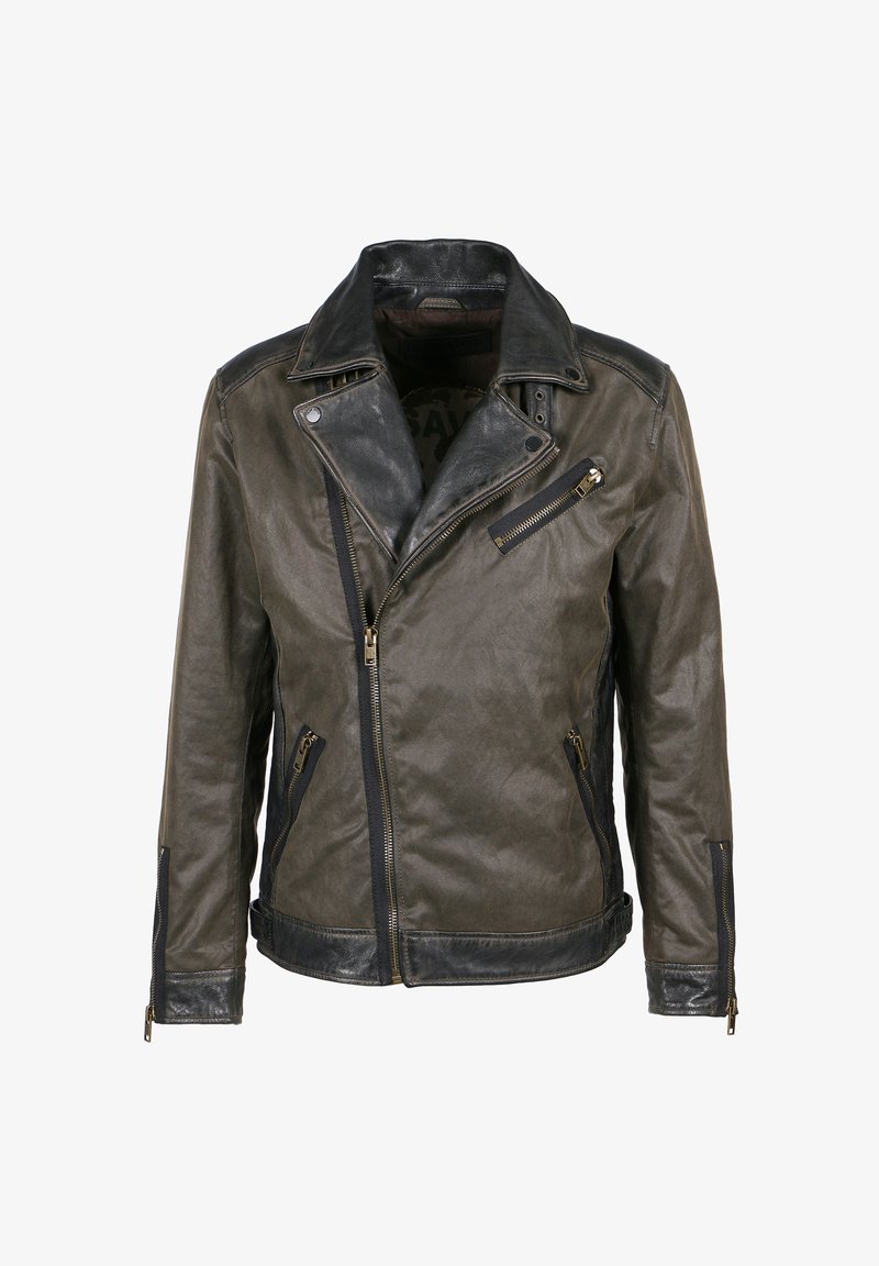 Leren motorjack in donker olijfgroen met zwarte accenten. Voorzien van een gekarteld kraag, asymmetrische ritsen en vier zakken. Soepele textuur.