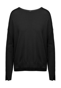 Maglione nero lavorato a maglia con una vestibilità ampia, scollatura larga e orlo a coste. Presenta maniche lunghe con spacchi laterali all'orlo. Texture liscia.