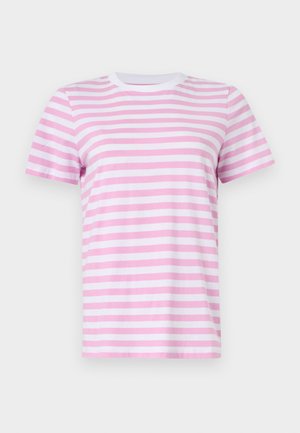 Tricou din bumbac cu dungi roz și albe, decolteu rotund și mâneci scurte. Textură netedă, croială obișnuită și model de dungi constant.